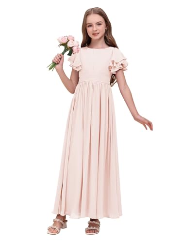 Chiffon Junior Bridesmaid Dress for Wedding A-Line Ruffle Sleeve Crew Neck Flower Girl Dress Long Formal Events Gowns