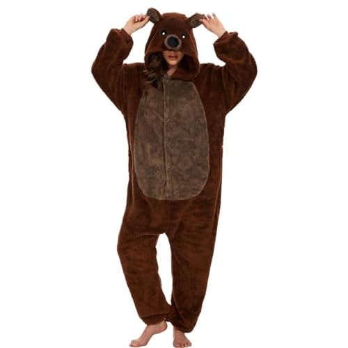 chuangminghangqi Pijama de una pieza para mujer, largo de invierno, disfraz de animal, disfraz de adulto, mono para mujer, pijama de forro polar, con capucha y cremallera, Oso Marrón-7126, XL