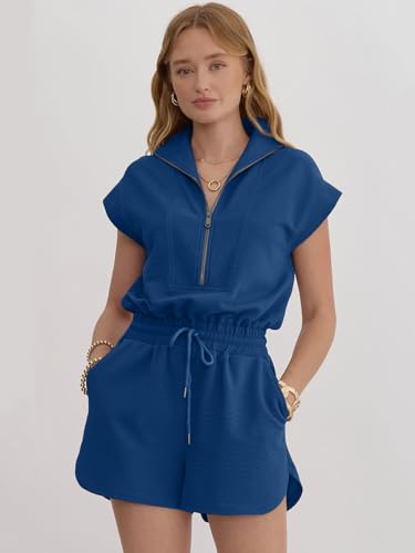 Image of Rompers for Women Summer Short Sleeve Half Zip Lapel Collar Jumpsuit Casual Drawstring One Piece Outfits with Pockets