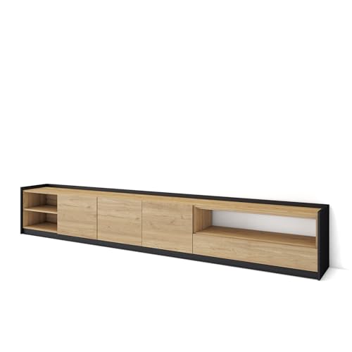 Skraut Home | Mueble TV | Televisión | Muebles de salón, almacenaje | 310x50x37 cm | para TV hasta 80' | con Almacenamiento | Estilo Moderno | Roble y Negro