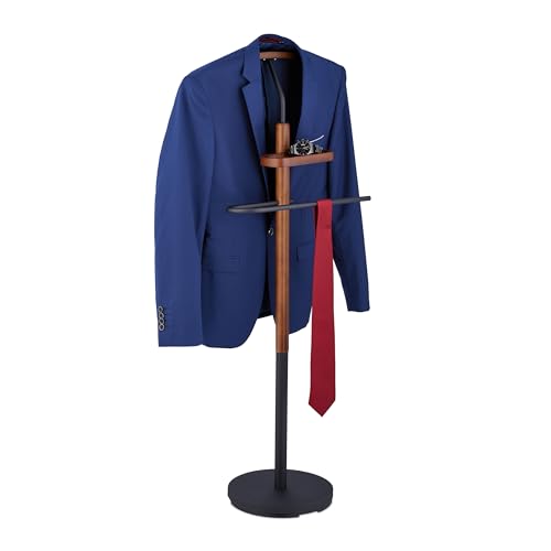 Relaxdays Galán de Noche con Balda para Joyas, Camisa y Pantalón, 116x47x28 cm, MDF y Acero, Mozo Perchero, Negro/Marrón