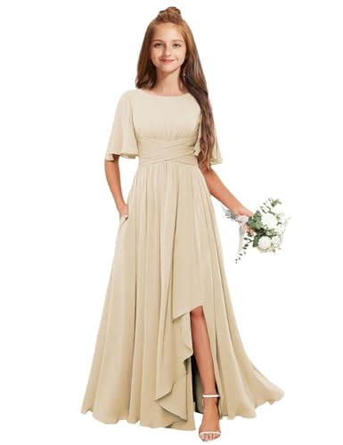 MRHUSH Junior Bridesmaid Dresses Chiffon Flower Girl Dress for Teen Girls Formal Dresses Short Sleeve Pleated Pageant Gowns