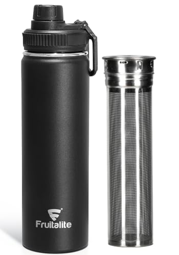Image of Fruitalite Thermosteel Insulated Fruit Infuser Water Bottle- 700ml with Screw /Spout Lid, Steel Infusion Rod, Infused Detox Recipe eBook, Double-Wall Vacuum Stainless Steel Bottle- Black