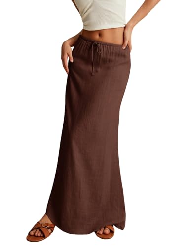 EARKOHA 2025 Women's Summer Maxi Skirt Drawstring Low Waist A Line Linen Long Flowy Skirts Coffee Brown XS