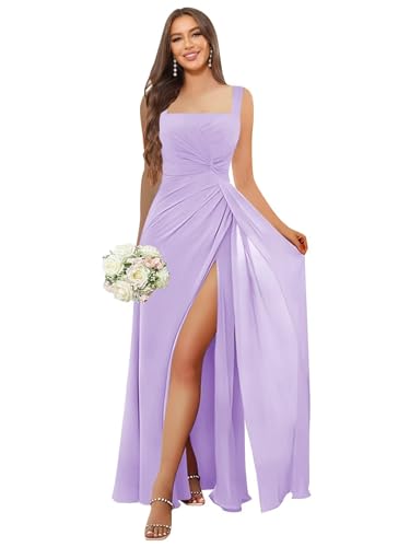 Image of HANVAIOS Square Neck Bridesmaid Dresses Long Chiffon Formal Maxi Dress with Slit