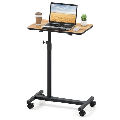 GYMAX höhenverstellbarer Betttisch auf Rollen, Pflegetisch mit 360° neigbare & drehbare Tischplatte, Laptoptisch, Krankentisch, Beistelltisch für Pflegebett oder Krankenbett (Braun + Schwarz)