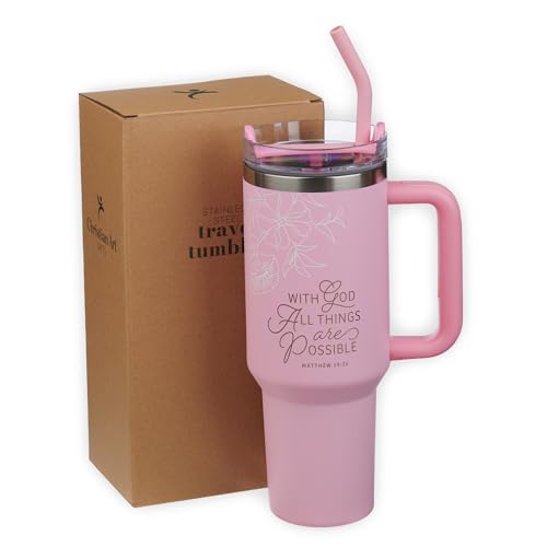 Image of Christian Art Gifts 40 oz Tumbler for Women: All Things are Possible Bible Verse, Stainless Steel, Insulated Travel Mug with Lid, Reusable Straw & Flex Tip, Pink Floral, Encouraging Gift for Women