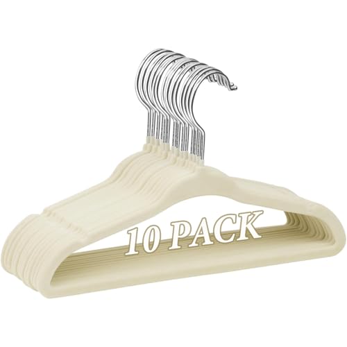 Image of Velvet Hangers 10 Pack - Non-Slip Clothes Hangers Ultra-Slim Space Saving Kids Hangers, Wardrobe Organisers for Skirts, Jackets & Clothes, Home Storage Solution (Beige)