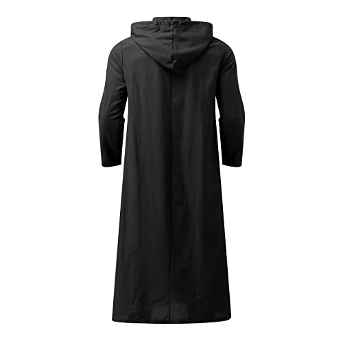 Muslim Hooded Kaftans for Men Linen Robe Long Sleeve Button Down Long Gown Drawstring Shirts Thobe with Pockets