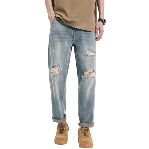 Men's Cotton Ripped Jeans Fashion High Waist Slim Fit Straight Casual Hole Raw Edges Plus Size Denim Pants