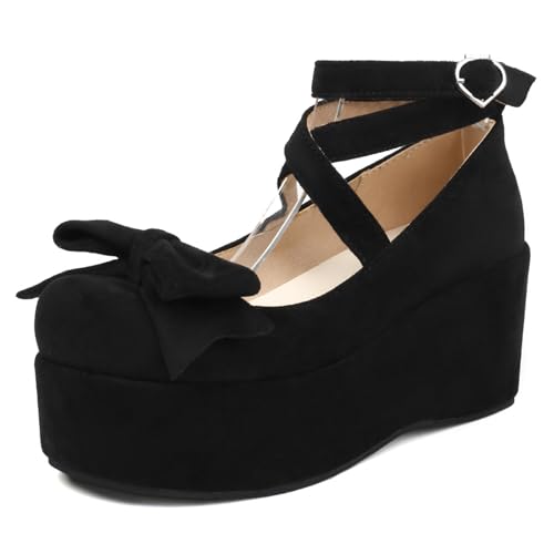 Girls Round Toe Wedge Mary Jane Platform Lolita Shoes Bowtie