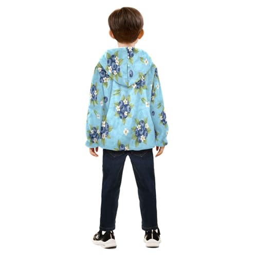 Blueberry Floral Pattern on Blue Toddler Fleece Jacket Girl Boys Hooded Fleece Jacket Coat Warm Outwear Zip-up 3-10T4