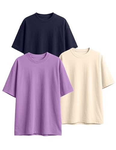 Image of Veirdo 100% Pure Cotton Drop Shoulder Oversized Baggy Fit Half Sleeve Plain Solid Round Neck Multicolor T-Shirt Combo for Men (Pack of 3) (Sizes S-2XL)