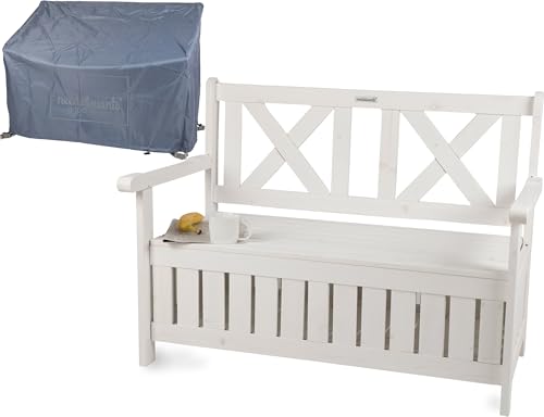 needs&wants® Banco de jardín de madera resistente a la intemperie con espacio para guardar cosas y funda, banco de madera clásico de 2 plazas con arcón, banco de jardín macizo con arcón madera natural