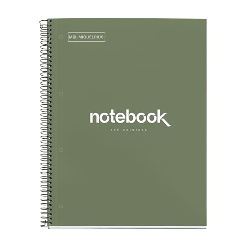 Miquelrius - Quaderno A4, Notebook Emotions, 80 Fogli da 90 g/m², Griglia 5 mm, 1 Striscia di Colore, Spirale Microforata, Taccuino a Scacchi, Copertina Extra Rigida, 4 Fori, Verde
