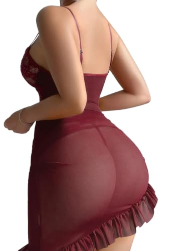 Image of Foxiny Underwire Lace Ruched Bodycon Lingerie Dress Kit | Unlined cups, four-way stretch mesh, adjustable straps and asymmetric ruffle hem define the waist-to-hip line; matching thong