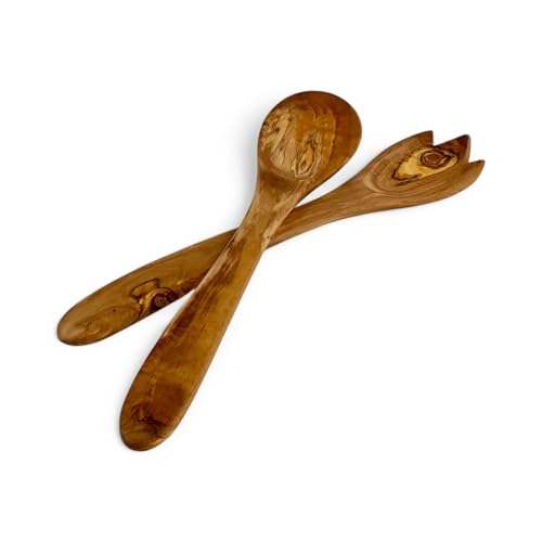 Savory Farms Olive Wood Salad Serving Utensil Set – 2-Piece Rustic Wooden Spoon & Fork – 12 Inch Handcrafted Natural Utensils – Durable, Eco-Friendly Kitchen Tools