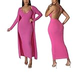 Women’s Fall 2 Piece Outfits Bodycon Maxi Dress Set Cardigan Set Sexy Stretch Ribbed Khaki V-Neck Curvy Lightweight