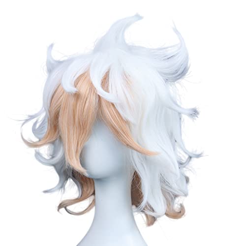 ANOGOL Wig Cap+ Multi-Color Wigs Short Curly Cosplay Wig White and Orange Synthetic Wigs for Movie Costume Wig for Halloween Party