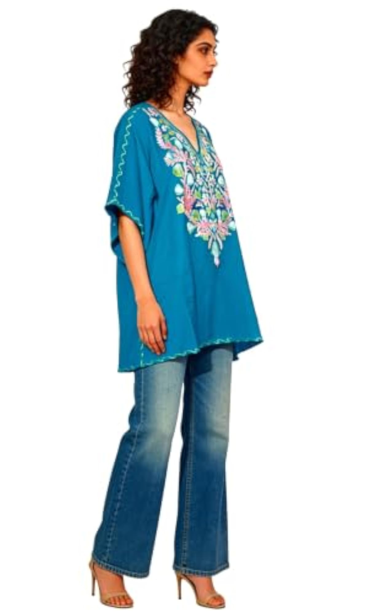 Kashmiri Embroidered Short Kaftan Tunic, Floral Design