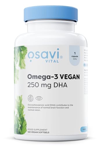 Osavi Omega–3 Vegan, 250 mg DHA – 120 Softgels | Highly Concentrated Algae Oil from Schizochytrium sp. | Supports Brain, Vision & Heart Health | Vegan–Friendly Tapioca Softgel