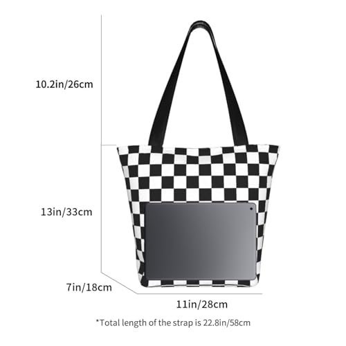Check Black White Checkered Pattern Checkerboard Reusable Zippered Shoulder Bag, Stylish Polyester Tote With Wide Handle & Inner Pocket, Lightweight Durable Shopping & Travel Bag2