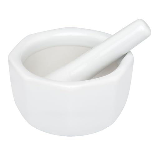 HIC Kitchen Mortar and Pestle Set, Fine Porcelain, Octagonal Shape, 3.5-Inch, Spice Herb Grinder, Pill Crusher, Nut Butter Maker