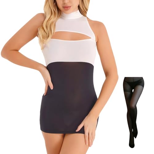 ROSVAJFY Costume de Secrétaire Sexy Ensemble Lingerie avec Bas, Robe de Secrétaire Cosplay Moulante Creuse, Uniforme Jeu de Rôle d'Enseignant Nuisette...