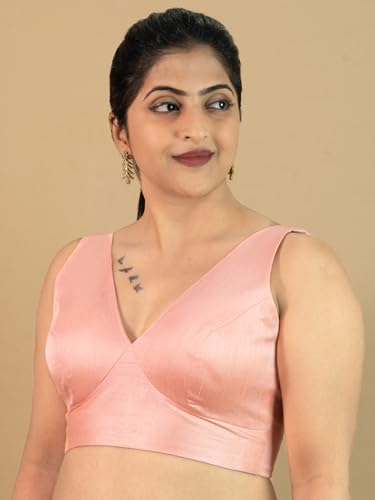 Image of FIGURE'S DESIGNER Women's Dupion Raw Silk Sleeveless V Neck Sabyasachi Cut Readymade Saree Blouse Padded Stitched S4