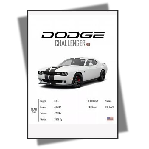 Dodge Challenger SRT 2022 Car Specifications Wall Art Print, White and Black, 6.4L Engine, 402HP,A3 42 x30 cm HD Print Ready to Paste Sticky Wall Poster Best For Work Place, Home, Gym, Restraurant