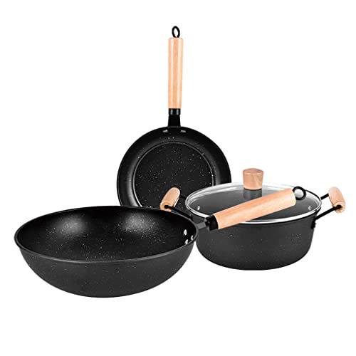 DYHWAC 3 Piezas Set de Utensilios de Cocina Wok Sartén Cacerola con macetas de Tapa PANTES Set Maifan Piedra Antiadherente Huevo de Huevo Herramientas de Cocina