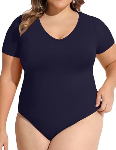 Image of COOTRY Plus Size Short Sleeve Bodysuits for Women V Neck Body Suit Tops Basic One Piece Bodysuit T Shirt