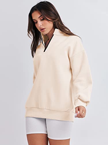 Anrabess Womens Oversized Half Zip Pullover Long Sleeve Sweatshirts Quarter Zip Hoodie Sweaters Teen Girls Fall Y2K Clothes 1018Xingse-L Apricot #TOP1