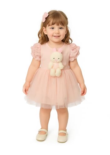 Image of Bold N Elegant Girl's Sequin Glitter Party Princess Sparkle Tutu Mini Dress Frock With Soft Plush Bunny Rabbit Toy For Infant Toddler Baby Girl's
