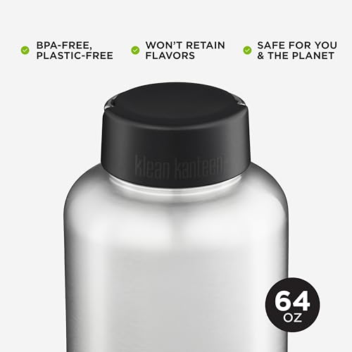 Klean Kanteen Wide Mouth Single Wall Stainless Steel Water Bottle (w/Wide Loop Cap) - 64oz - Brushed Stainless