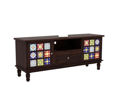 Image of Premium Solid Sheesham Wood TV Unit with 1 Drawer, 3 Shelves, and 2-Door Storage - Accommodates up to 55-Inch TV - Ideal for Elegant Living Rooms (Sebastian, Walnut Finish)