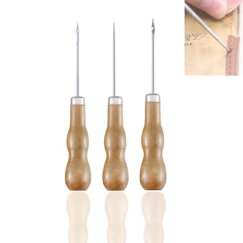 Ieron 3 Pcs Hole Punches Awl with Wooden Handle, Punches with Wooden Handle, DIY Leather Craft, Sewing Awl Hole, Curved Awl Sewing Tool, Wooden Handle Hole Punch