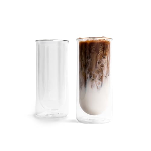 FLUR Iced Coffee Glasses (Set of 2) Perfect for Iced Coffee, Cold Brew & Lattes – Double-Walled Borosilicate Glass – For Hot & Cold Drinks – Lightweight & Easy to Clean – 15.5oz (Clear)