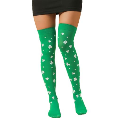 Image of Green White Striped St.Patrick Day Socks Shamrock Pantyhose Stockings Irish Thigh High Socks Party for Women