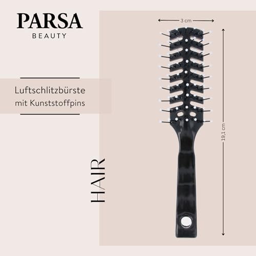 Foto von PARSA Beauty Entwirrbürste mit Luftschlitzen – Föhnbürste mit Kunststoffpins für schnelle und schonende Trocknung – Haarbürste für Kopfhautmassage, schwarz, länglich, hochwertig – 19 x 3 x 3 cm