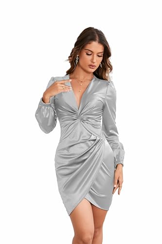 Image of FairyLove Women's Elegant Empire Waist Long Sleeve Wedding Guest Party Cocktail Bodycon Irregular Satin Dresses