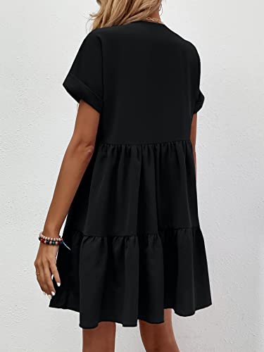 Image of WDIRARA Women's Roll Up Short Sleeve V Neck Ruffle Hem Solid Swing Smock Dress