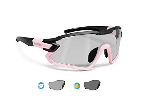 BERTONI Gafas Ciclismo Running MTB Esquí Tennis Padel Polaridas Fotocromaticas mod. Quasar (Negro-Rosa/Fotocromaticas Polarizadas)