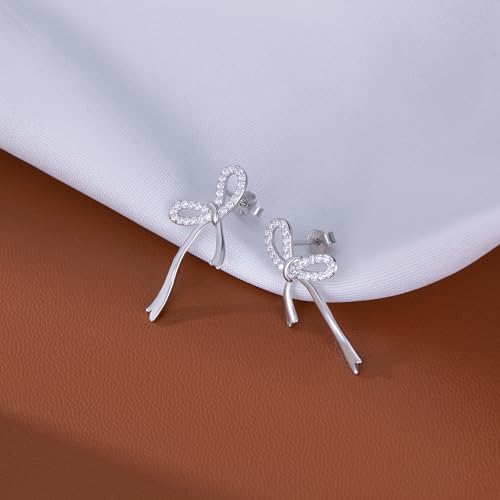 Reffeer Solid 925 Sterling Silver CZ Bow Stud Earrings for Women Teens Ribbon Stud Earrings Bowknot Drops4