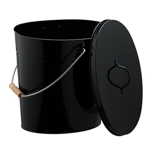 Relaxdays Cubo para Cenizas con Tapa, 12 L, Accesorio Chimenea, Estufa, Asa Madera, Almacenar Carbón, Acero, Negro