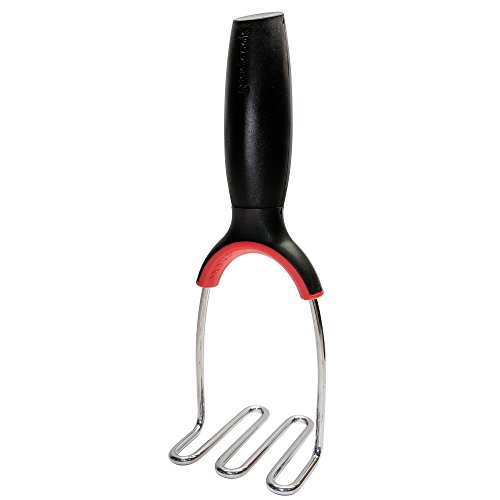 GoodCook, , 8 inch mini masher, stainless steel wire head with soft grip handle and thumb leverage, black and red
