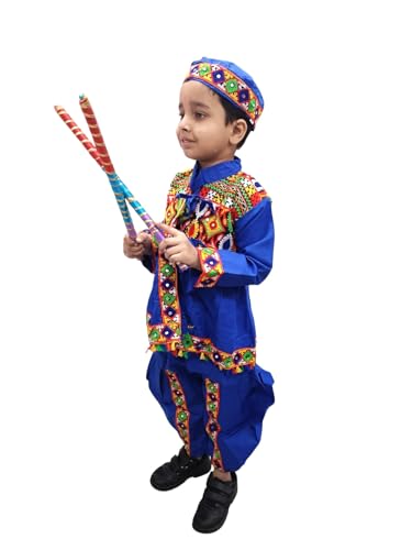 Image of BookMyCostume Blue Gujarati Kedia With A Pair of Dandiya Sticks Combo - Traditional Outfit for Navratri & Festivals | Gujarat Fancy Dress Costume For Kids & Adults 10-11 Years