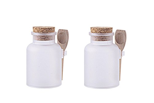 2PCS Plastic Round Matte Bath Salt Seasoning Sauce Jar Container/Kitchen Storage Containers with Cork Stopper and Wooden Spoon(Transparent) (100G)