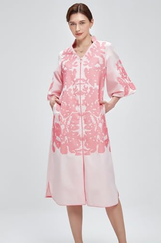 D-Sun Women Floral Embroidery Mid Dress Casual V-Neck 3/4 Sleeves Fall Winter Tunic Loose Zip Party Dress with Pocket2