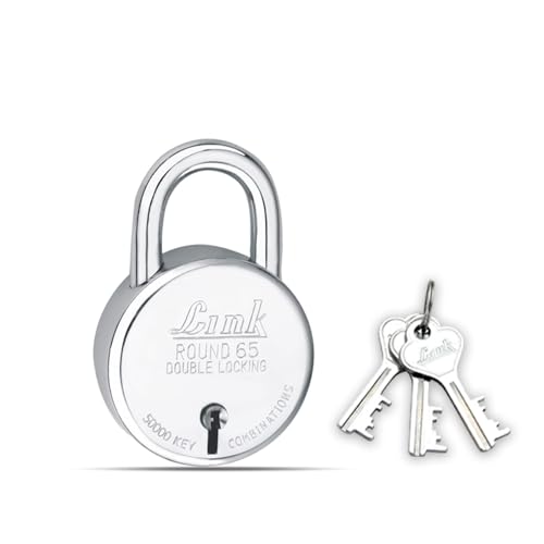 Link New Round 65mm Stainless Steel Padlock with Double Locking Shackle – 3 CNC Milled Keys, 50,000 Key Combinations, Rivetless Body, Pack of 1
